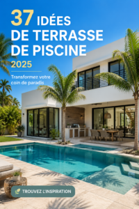Terrasse de piscine moderne avec des chaises confortables et des plantes luxuriantes