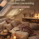 Une chambre décorée dans un style cocooning chaleureux avec des coussins et des plaids.