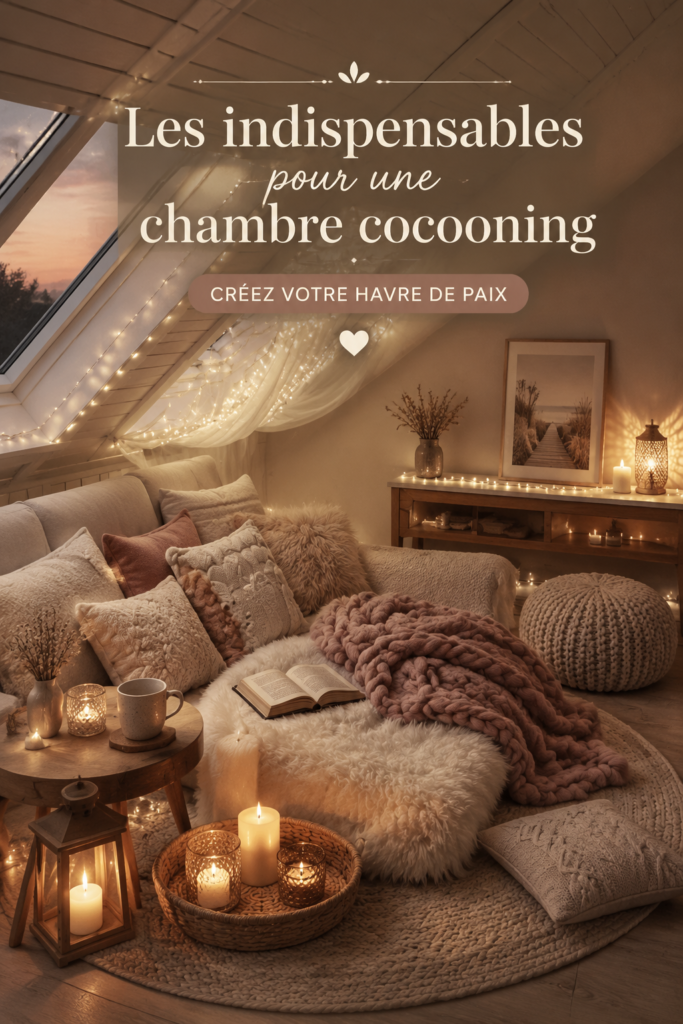 Une chambre décorée dans un style cocooning chaleureux avec des coussins et des plaids.