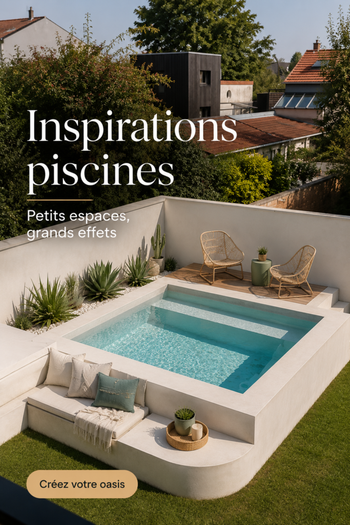 Une piscine entourée de chaises longues et de plantes vertes, créant une ambiance relaxante.
