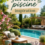 Un jardin avec piscine entouré de verdure et de mobilier confortable
