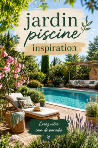 Un jardin avec piscine entouré de verdure et de mobilier confortable