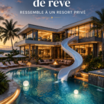 Maison de rêve en extérieur, inspirée d'un resort privé, avec piscine et jardin luxuriant.