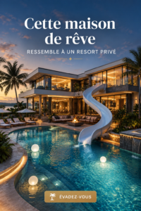 Maison de rêve en extérieur, inspirée d'un resort privé, avec piscine et jardin luxuriant.