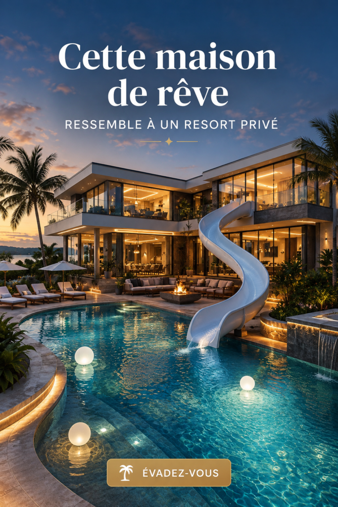 Maison de rêve en extérieur, inspirée d'un resort privé, avec piscine et jardin luxuriant.