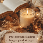 Un plaid douillet avec une bougie allumée et un livre, créant une ambiance chaleureuse.