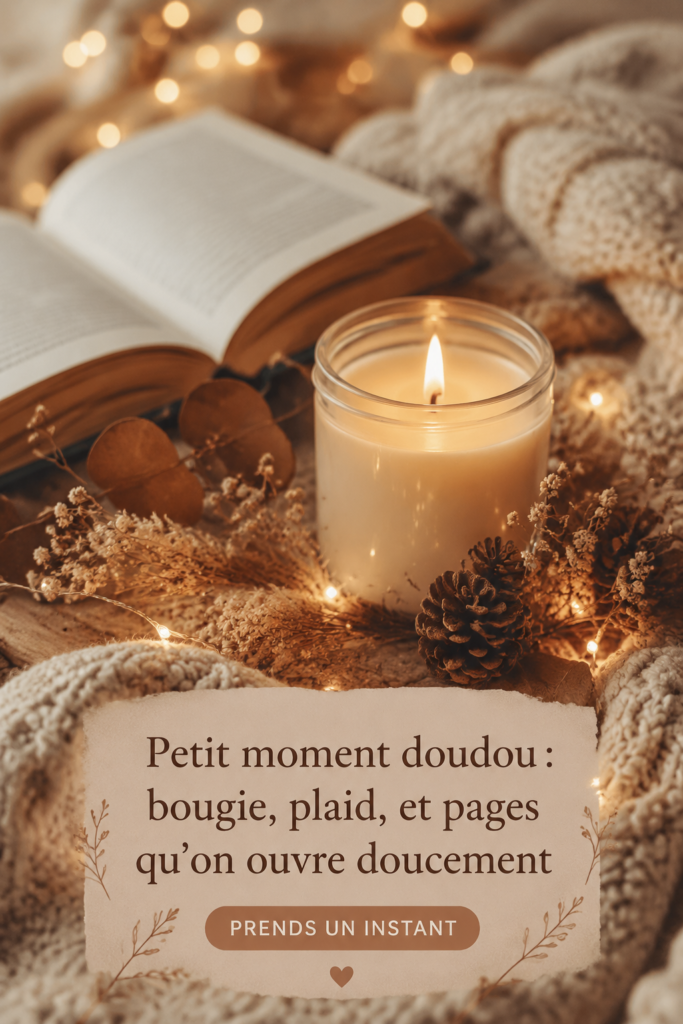 Un plaid douillet avec une bougie allumée et un livre, créant une ambiance chaleureuse.
