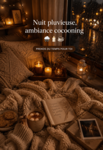 Ambiance cosy avec des bougies et une couverture sur un canapé pendant une nuit pluvieuse.
