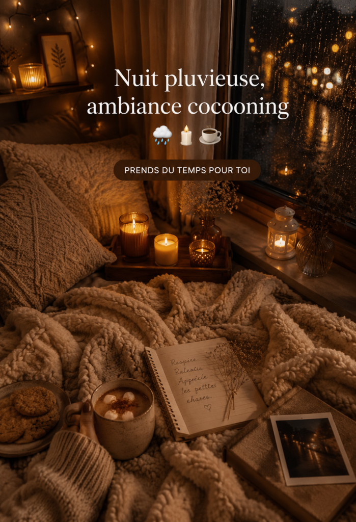 Ambiance cosy avec des bougies et une couverture sur un canapé pendant une nuit pluvieuse.