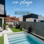 Une piscine avec plage intégrée dans un jardin luxuriant, parfaite pour se détendre.