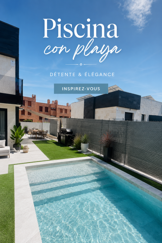 Une piscine avec plage intégrée dans un jardin luxuriant, parfaite pour se détendre.