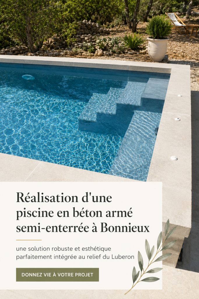 Une piscine en béton semi-enterrée parfaitement intégrée au jardin à Bonnieux.