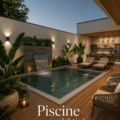 Une magnifique piscine à cascade latérale entourée de verdure et de fleurs dans un jardin.