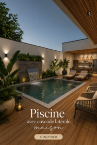 Une magnifique piscine à cascade latérale entourée de verdure et de fleurs dans un jardin.