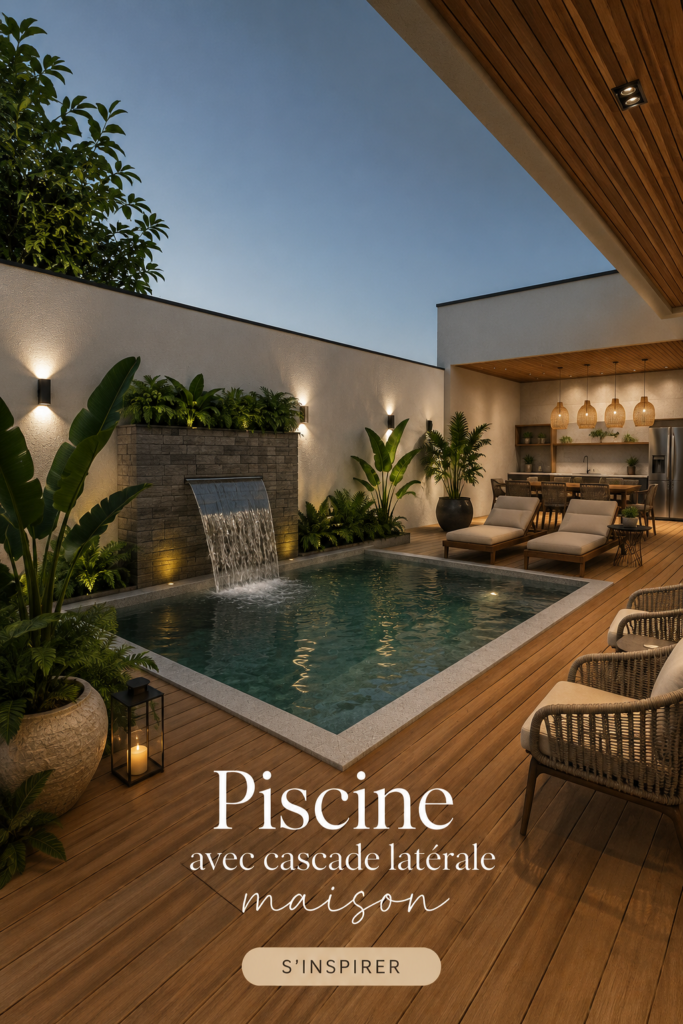 Une magnifique piscine à cascade latérale entourée de verdure et de fleurs dans un jardin.
