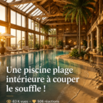 Une belle piscine intérieure inspirée d'une plage avec des palmiers et du sable