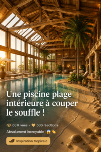 Une belle piscine intérieure inspirée d'une plage avec des palmiers et du sable