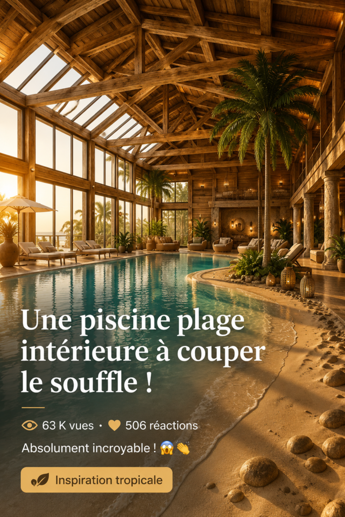 Une belle piscine intérieure inspirée d'une plage avec des palmiers et du sable