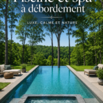 Vue d'une piscine et spa à débordement dans un jardin luxuriant