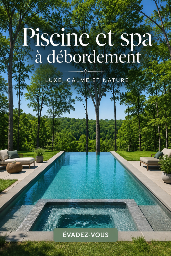 Vue d'une piscine et spa à débordement dans un jardin luxuriant
