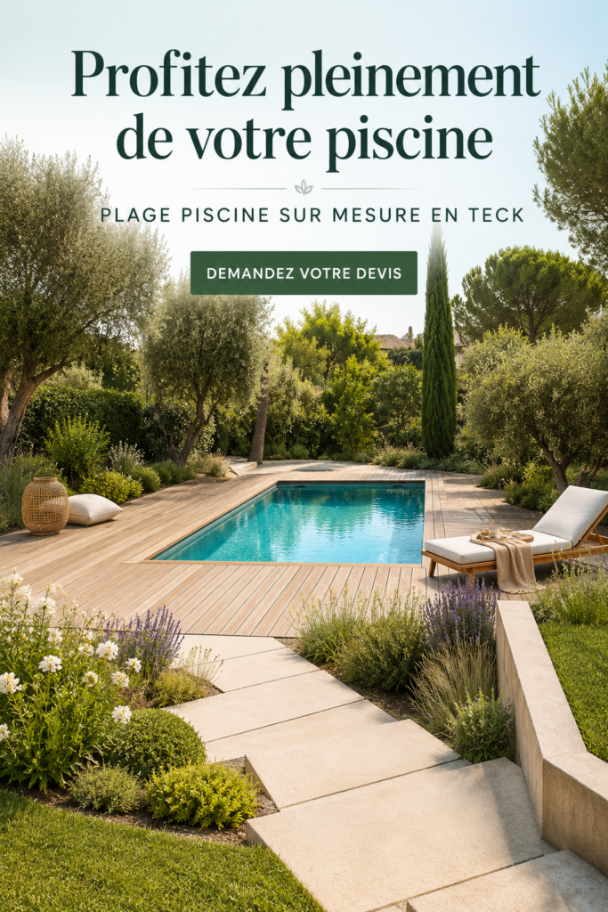 Plage de piscine en teck sur mesure avec des transats et une vue dégagée