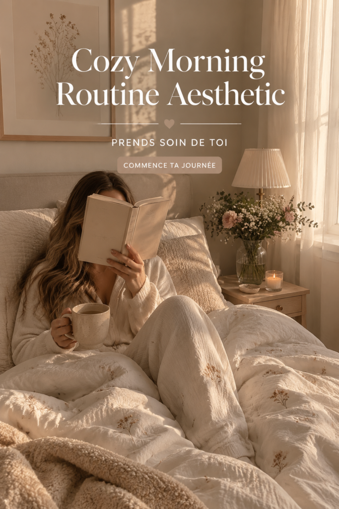 Femme lisant un livre au lit avec une tasse de thé, dans une ambiance cozy et chaleureuse.
