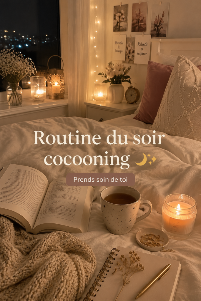 Femme se relaxant dans un environnement chic et apaisant en soirée.