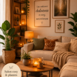 Un salon chaleureux avec des plantes verdoyantes et une lumière douce