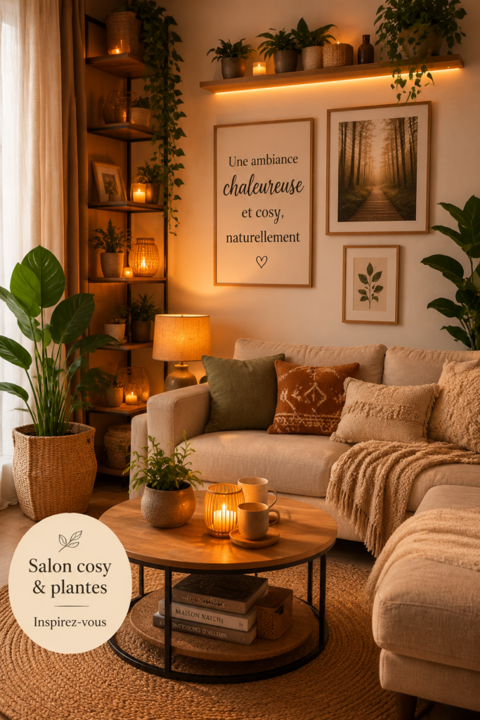 Un salon chaleureux avec des plantes verdoyantes et une lumière douce