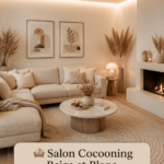 Salon cocooning avec des décorations beige et blanc
