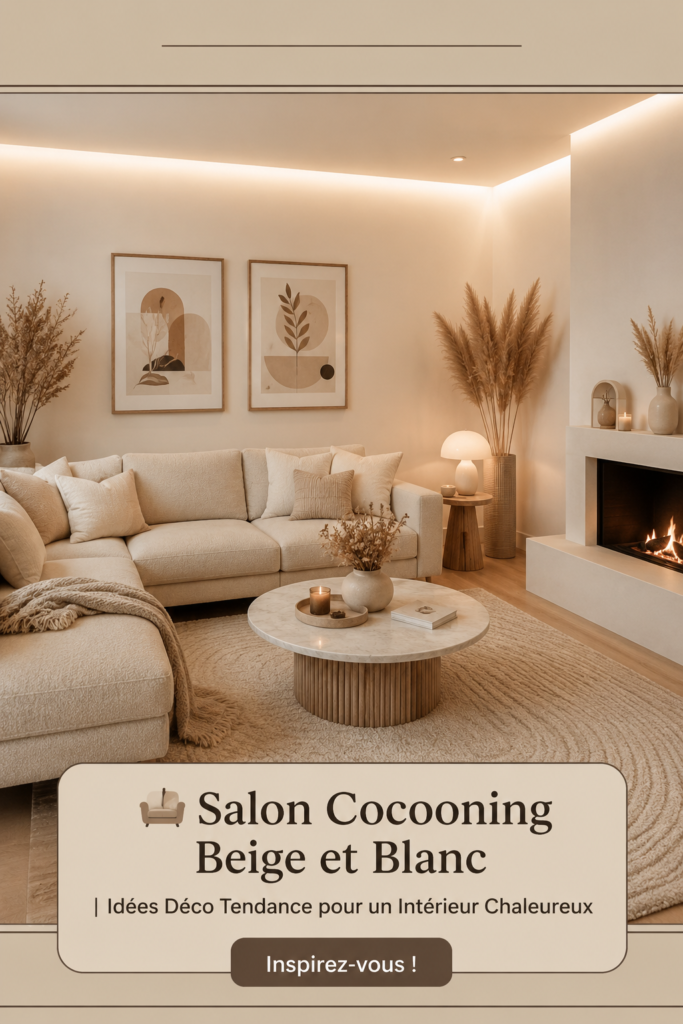 Salon cocooning avec des décorations beige et blanc