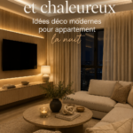 Un salon moderne avec des lumières douces et des textiles confortables, créant une ambiance cosy pour la nuit.