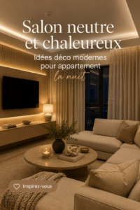 Un salon moderne avec des lumières douces et des textiles confortables, créant une ambiance cosy pour la nuit.
