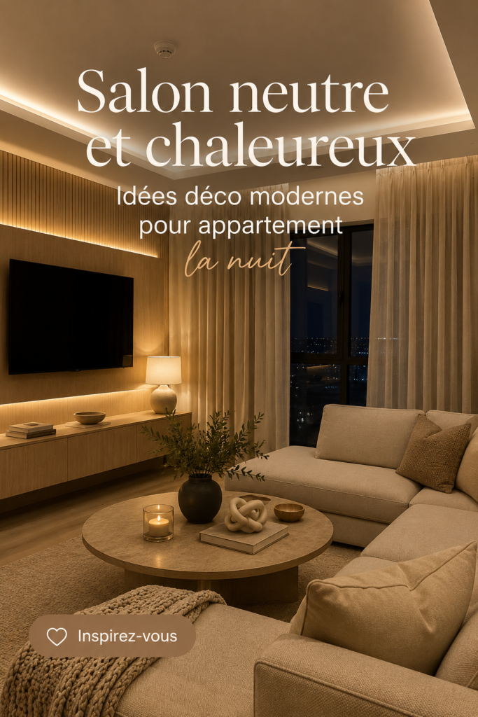 Un salon moderne avec des lumières douces et des textiles confortables, créant une ambiance cosy pour la nuit.