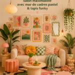 Salon lumineux avec des couleurs pastel et des éléments funky.