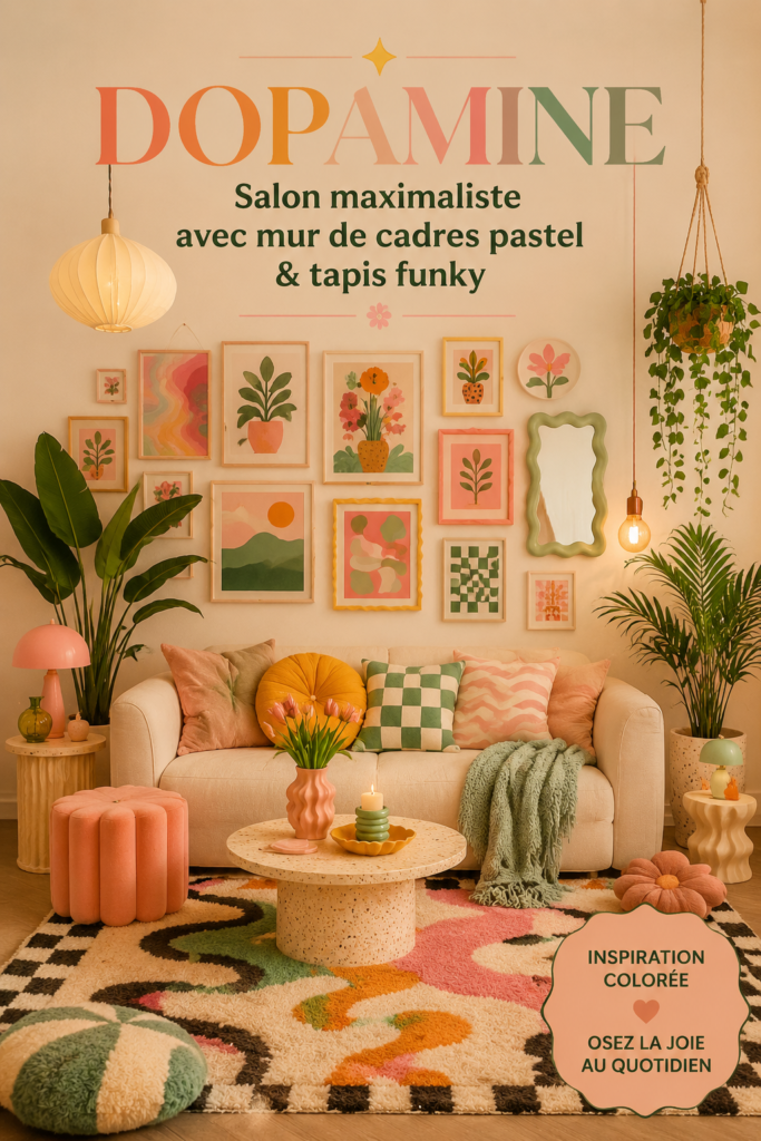 Salon lumineux avec des couleurs pastel et des éléments funky.