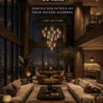 Un salon double hauteur moderne avec deséléments de luxe et une décoration élégante.