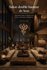 Un salon double hauteur moderne avec deséléments de luxe et une décoration élégante.