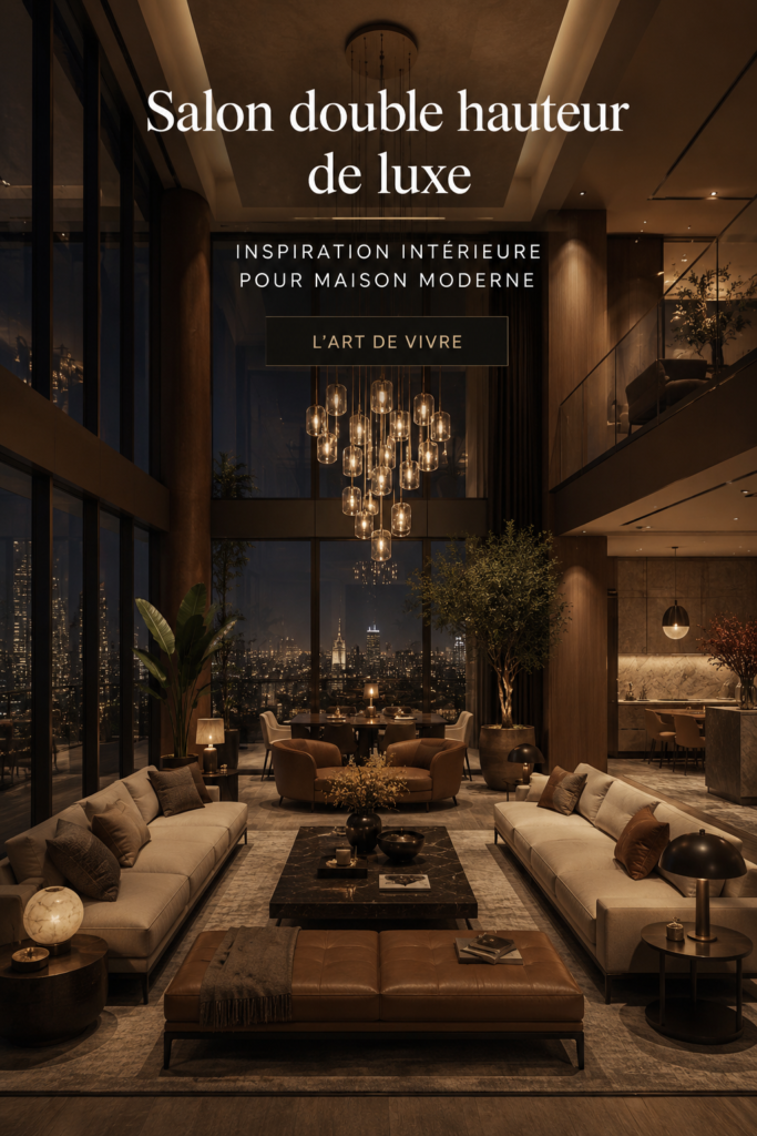 Un salon double hauteur moderne avec deséléments de luxe et une décoration élégante.