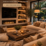 Salon moderne et cosy avec des meubles chaleureux et des touches de décoration
