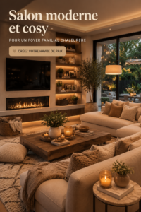 Salon moderne et cosy avec des meubles chaleureux et des touches de décoration
