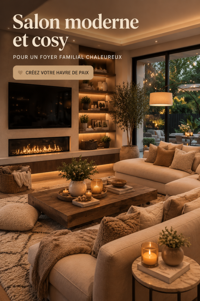 Salon moderne et cosy avec des meubles chaleureux et des touches de décoration