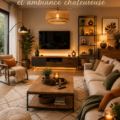 Un salon moderne cosy avec du mobilier en bois et une atmosphère chaleureuse.