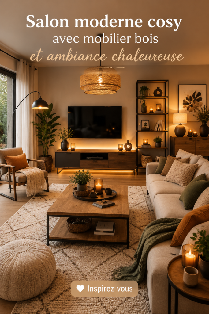 Un salon moderne cosy avec du mobilier en bois et une atmosphère chaleureuse.