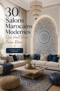 Un salon marocain moderne avec des couleurs vives et une décoration élégante.
