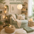Chambre décorée en vert sauge avec des accessoires minimalistes qui créent une ambiance accueillante.
