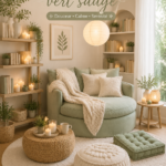 Chambre décorée en vert sauge avec des accessoires minimalistes qui créent une ambiance accueillante.