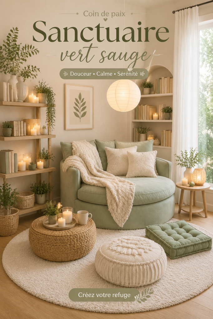 Chambre décorée en vert sauge avec des accessoires minimalistes qui créent une ambiance accueillante.