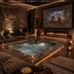 Espace spa à domicile avec jacuzzi et cheminée pour des moments de détente