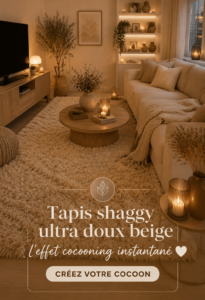 Tapis shaggy beige apportant une touche cocooning à un salon élégant